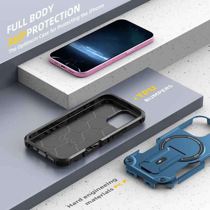 For iPhone 17 Armor Magsafe Holder PC Hybrid TPU Phone Case(Dark Blue)