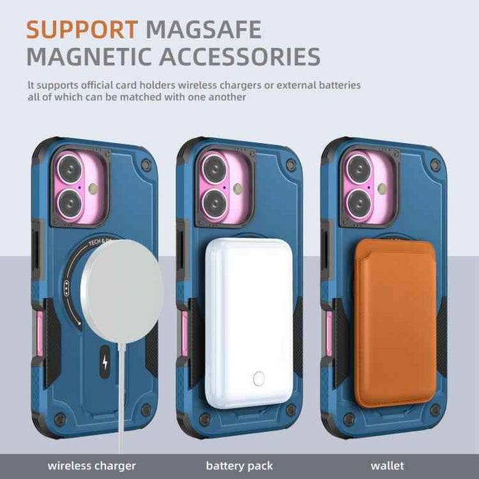 For iPhone 17 Armor Magsafe Holder PC Hybrid TPU Phone Case(Dark Blue)