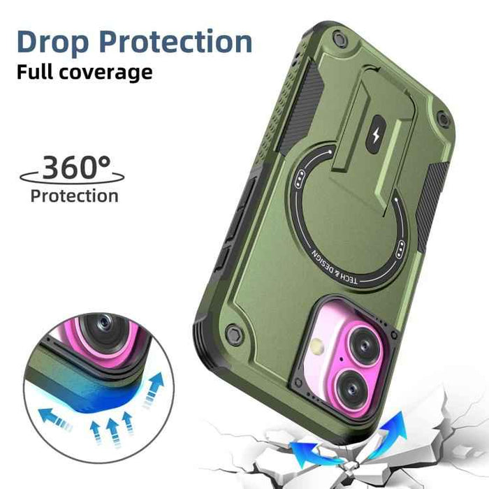 For iPhone 17 Armor Magsafe Holder PC Hybrid TPU Phone Case(Army Green)