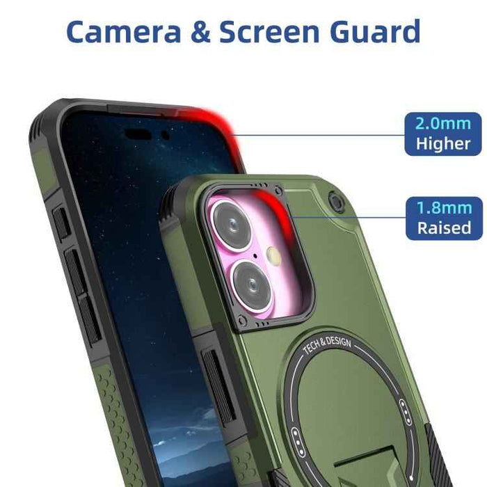 For iPhone 17 Armor Magsafe Holder PC Hybrid TPU Phone Case(Army Green)