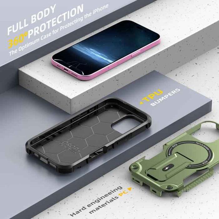 For iPhone 17 Armor Magsafe Holder PC Hybrid TPU Phone Case(Army Green)