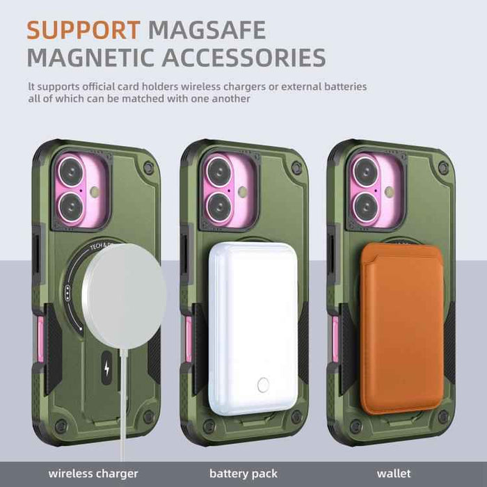For iPhone 17 Armor Magsafe Holder PC Hybrid TPU Phone Case(Army Green)