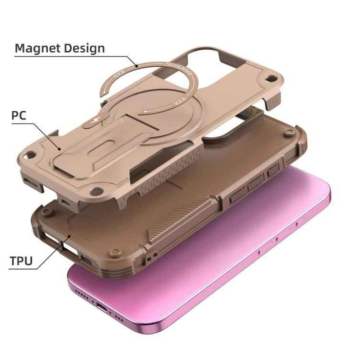 For iPhone 17 Armor Magsafe Holder PC Hybrid TPU Phone Case(Desert Gold)