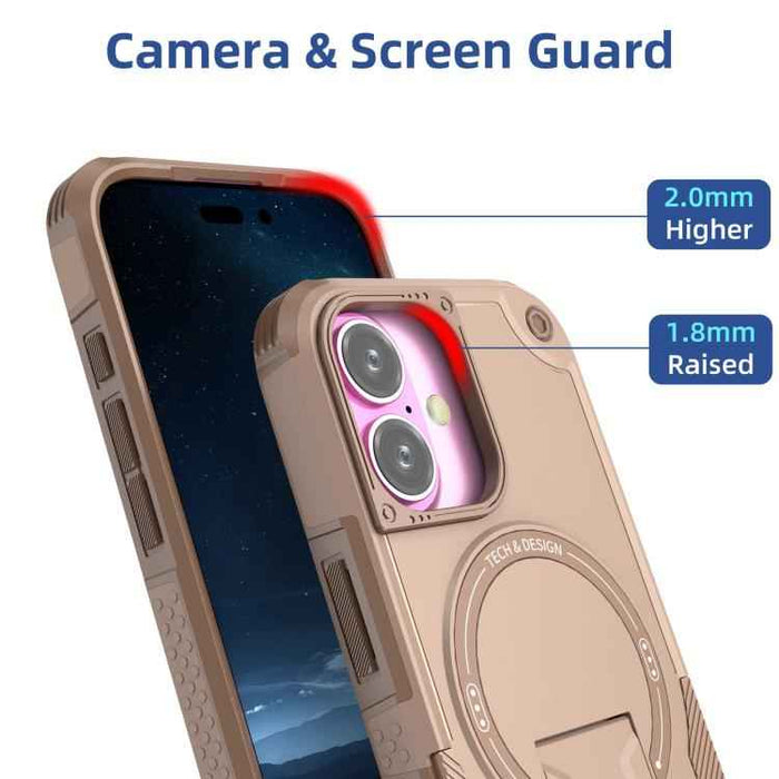 For iPhone 17 Armor Magsafe Holder PC Hybrid TPU Phone Case(Desert Gold)