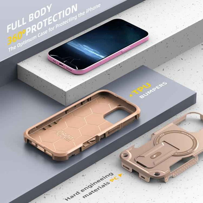 For iPhone 17 Armor Magsafe Holder PC Hybrid TPU Phone Case(Desert Gold)