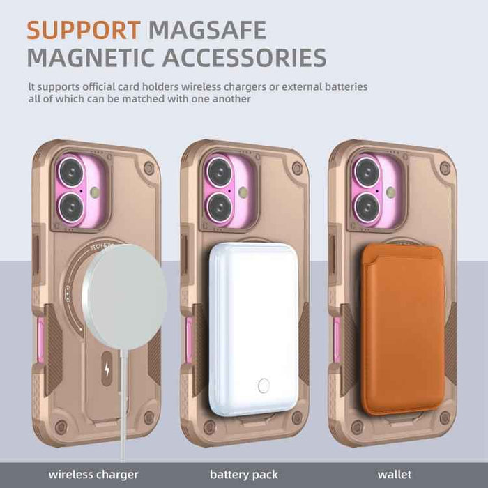 For iPhone 17 Armor Magsafe Holder PC Hybrid TPU Phone Case(Desert Gold)