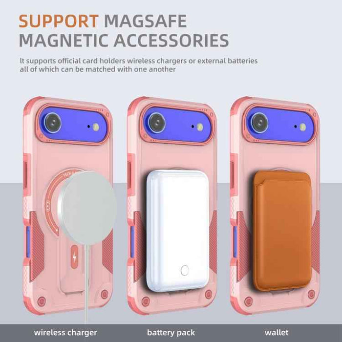 For iPhone 17 Air Armor Magsafe Holder PC Hybrid TPU Phone Case(Pink)