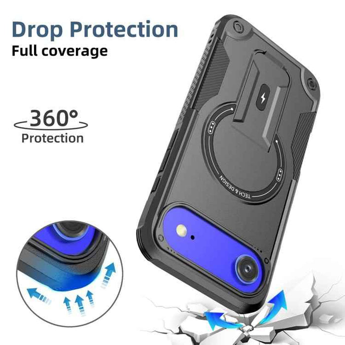 For iPhone 17 Air Armor Magsafe Holder PC Hybrid TPU Phone Case(Black)