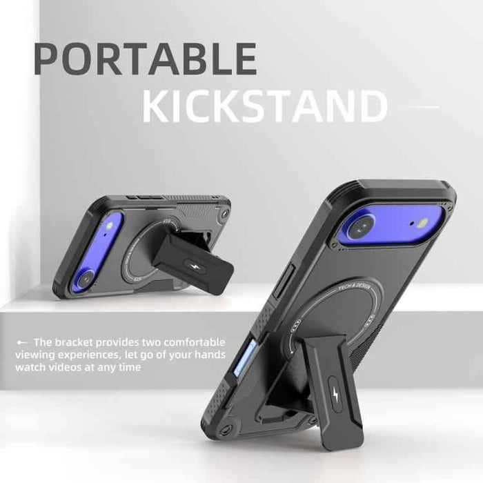 For iPhone 17 Air Armor Magsafe Holder PC Hybrid TPU Phone Case(Black)