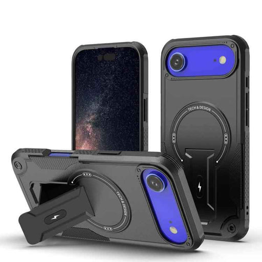 For iPhone 17 Air Armor Magsafe Holder PC Hybrid TPU Phone Case(Black)