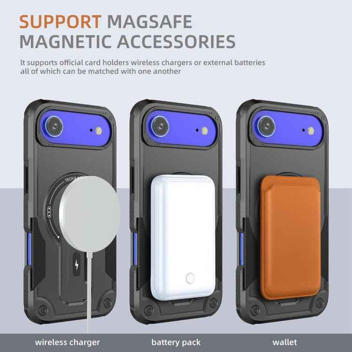 For iPhone 17 Air Armor Magsafe Holder PC Hybrid TPU Phone Case(Black)