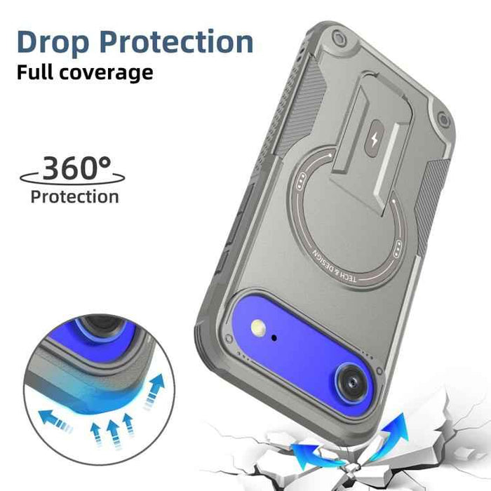 For iPhone 17 Air Armor Magsafe Holder PC Hybrid TPU Phone Case(Grey)