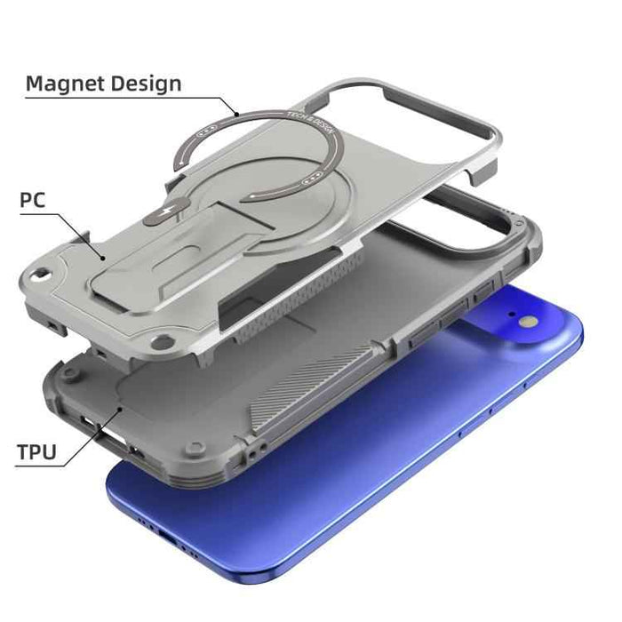 For iPhone 17 Air Armor Magsafe Holder PC Hybrid TPU Phone Case(Grey)
