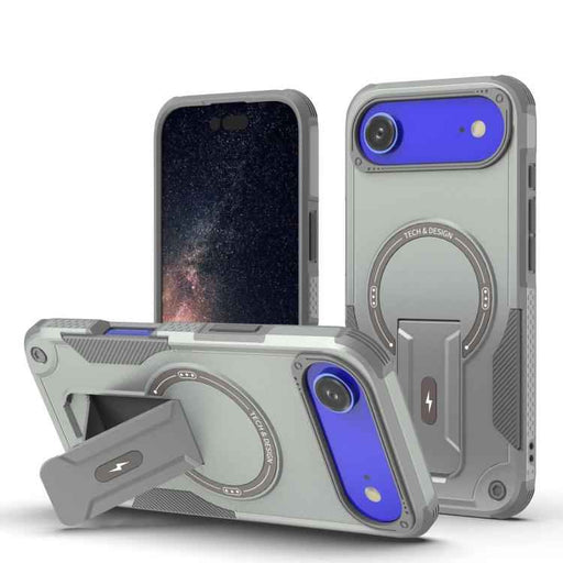 For iPhone 17 Air Armor Magsafe Holder PC Hybrid TPU Phone Case(Grey)