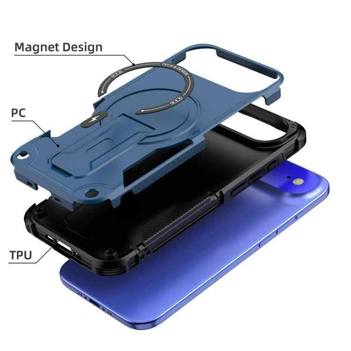 For iPhone 17 Air Armor Magsafe Holder PC Hybrid TPU Phone Case(Dark Blue)