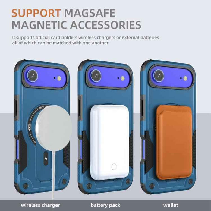 For iPhone 17 Air Armor Magsafe Holder PC Hybrid TPU Phone Case(Dark Blue)
