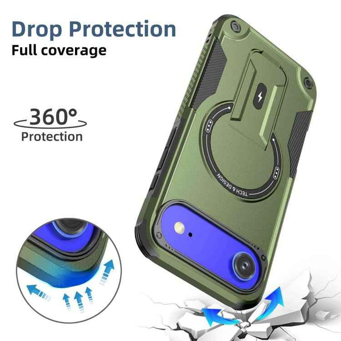 For iPhone 17 Air Armor Magsafe Holder PC Hybrid TPU Phone Case(Army Green)