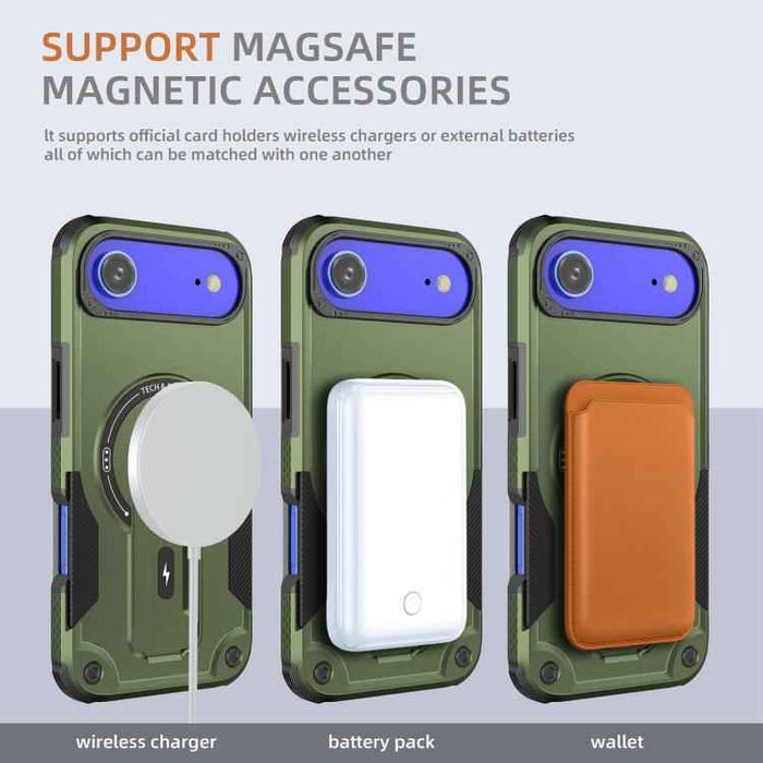 For iPhone 17 Air Armor Magsafe Holder PC Hybrid TPU Phone Case(Army Green)