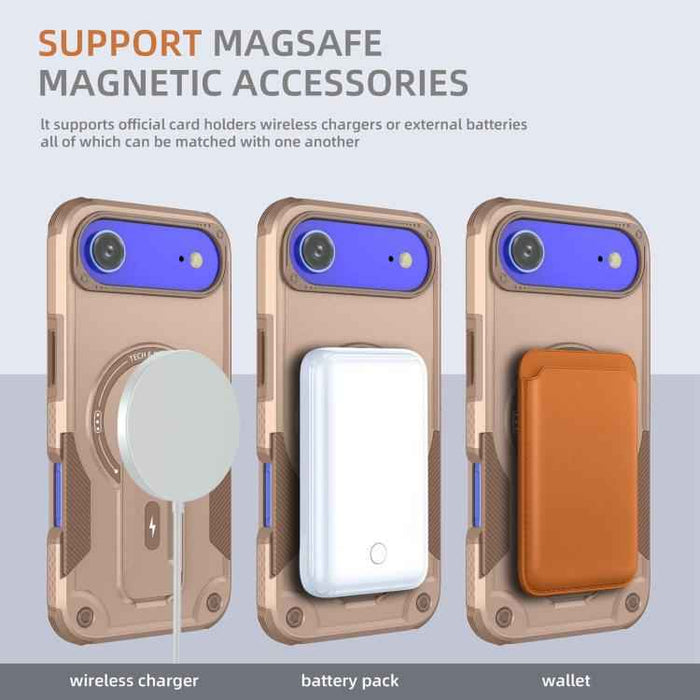 For iPhone 17 Air Armor Magsafe Holder PC Hybrid TPU Phone Case(Desert Gold)
