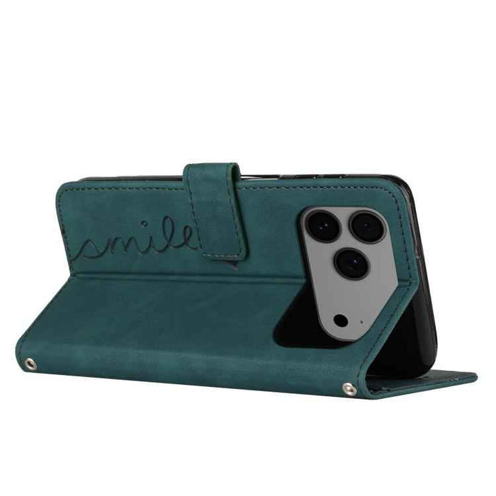 For iPhone 17 Pro Max Skin Feel Heart Embossed Leather Phone Case with Long Lanyard(Green)