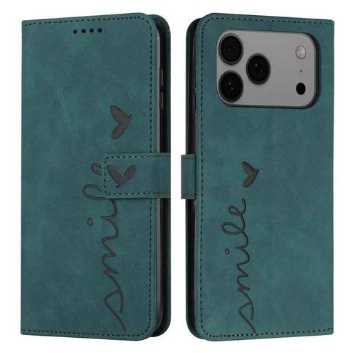 For iPhone 17 Pro Max Skin Feel Heart Embossed Leather Phone Case with Long Lanyard(Green)