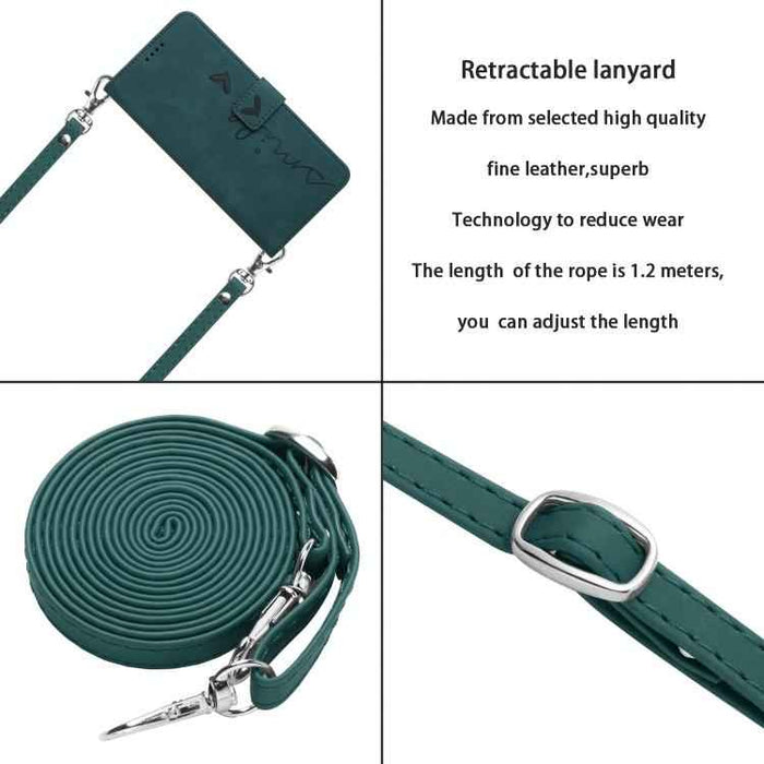 For iPhone 17 Pro Max Skin Feel Heart Embossed Leather Phone Case with Long Lanyard(Green)