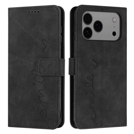 For iPhone 17 Pro Max Skin Feel Heart Embossed Leather Phone Case with Long Lanyard(Black)