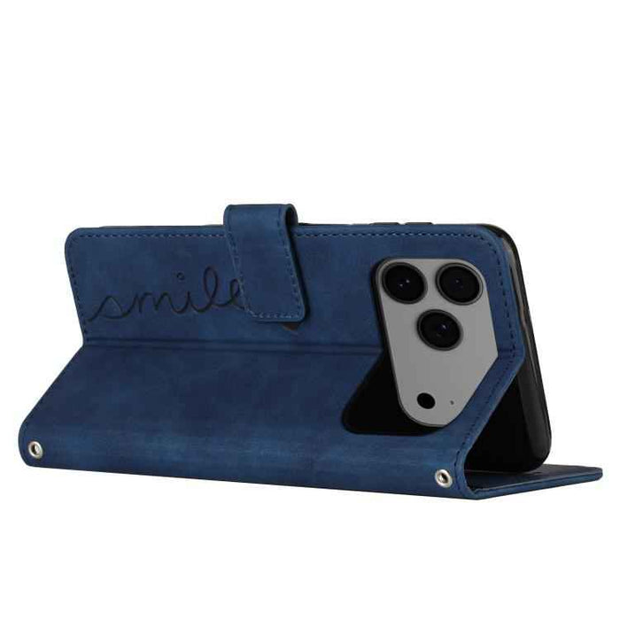 For iPhone 17 Pro Max Skin Feel Heart Embossed Leather Phone Case with Long Lanyard(Blue)
