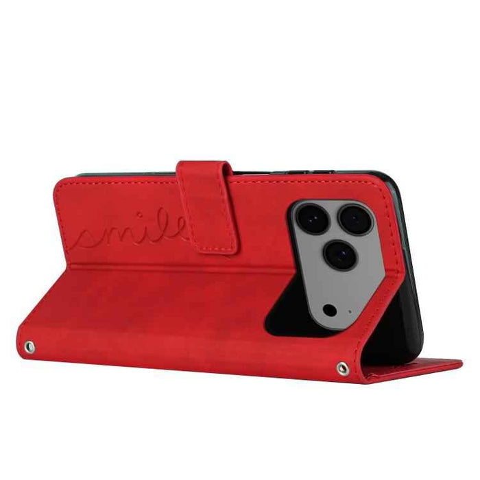 For iPhone 17 Pro Max Skin Feel Heart Embossed Leather Phone Case with Long Lanyard(Red)