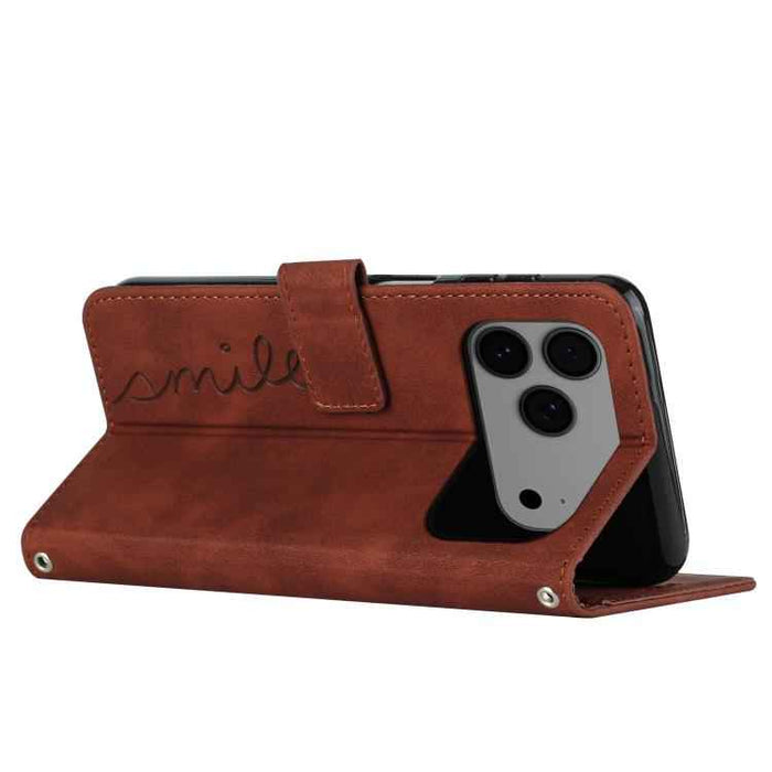 For iPhone 17 Pro Max Skin Feel Heart Embossed Leather Phone Case with Long Lanyard(Brown)