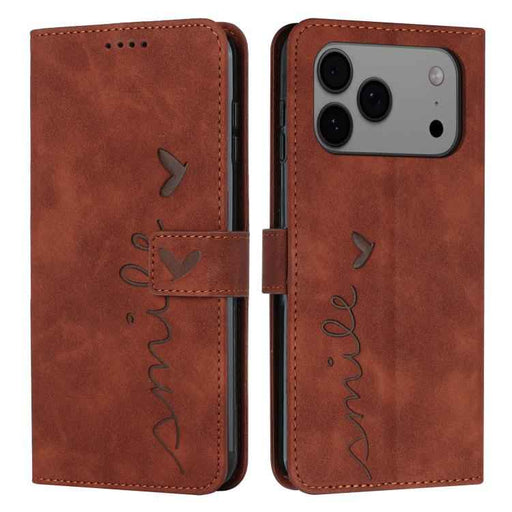 For iPhone 17 Pro Max Skin Feel Heart Embossed Leather Phone Case with Long Lanyard(Brown)