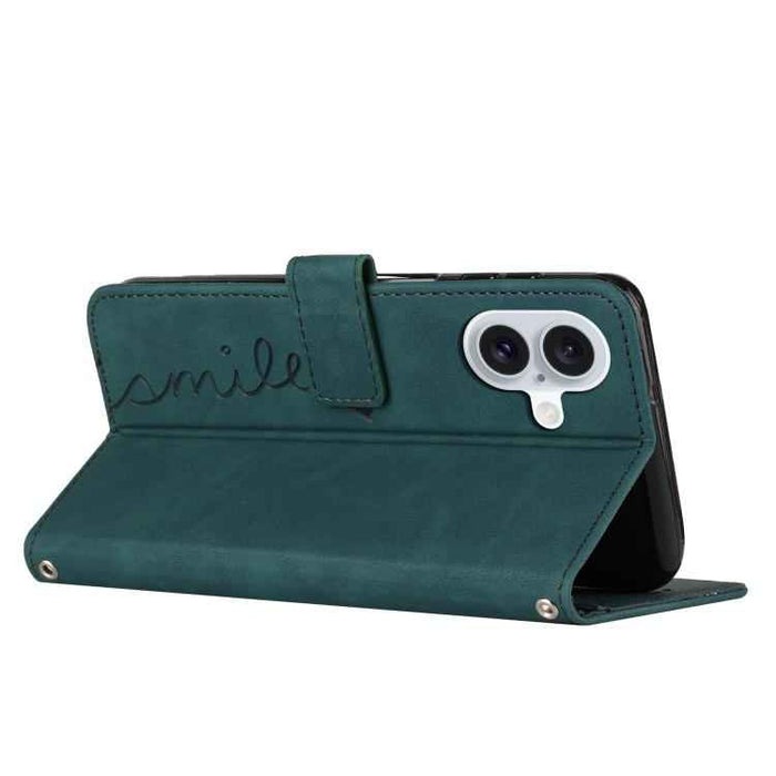For iPhone 17 Skin Feel Heart Embossed Leather Phone Case with Long Lanyard(Green)
