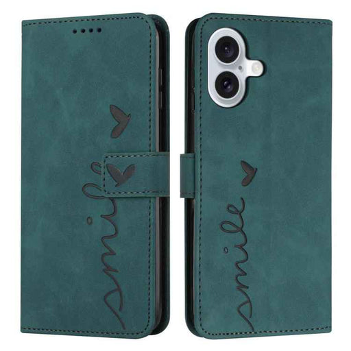 For iPhone 17 Skin Feel Heart Embossed Leather Phone Case with Long Lanyard(Green)