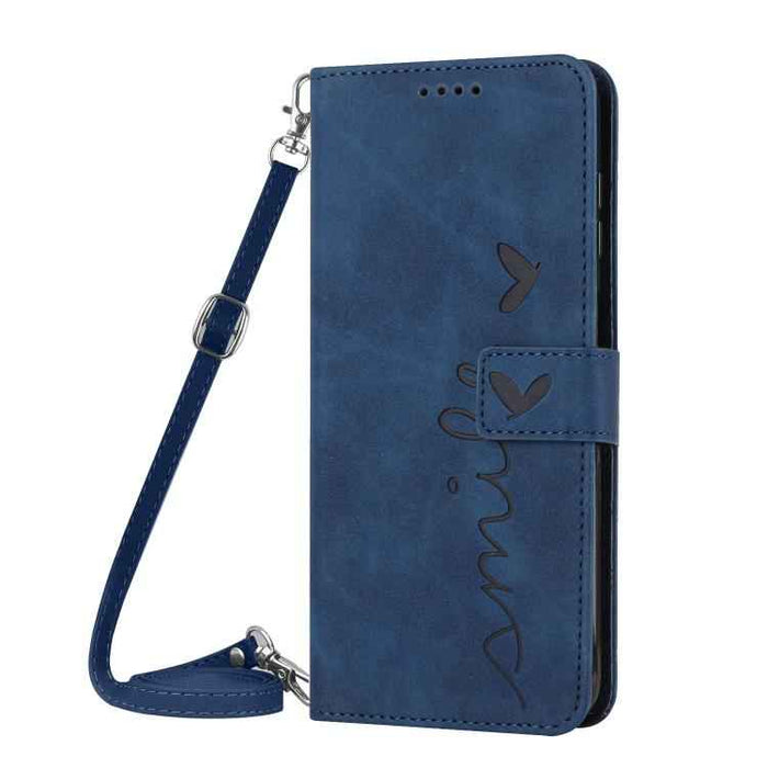 For iPhone 17 Skin Feel Heart Embossed Leather Phone Case with Long Lanyard(Blue)