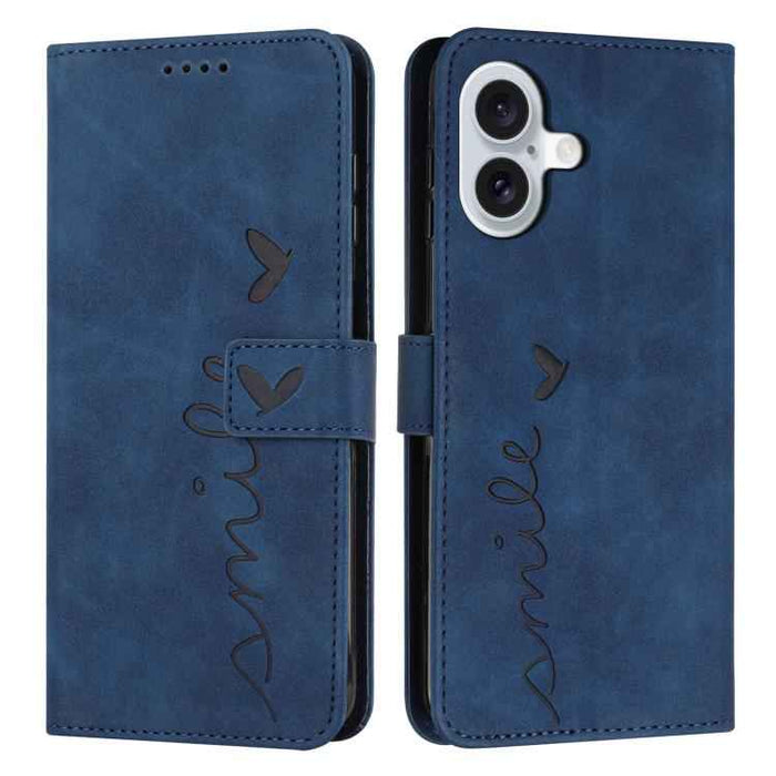 For iPhone 17 Skin Feel Heart Embossed Leather Phone Case with Long Lanyard(Blue)