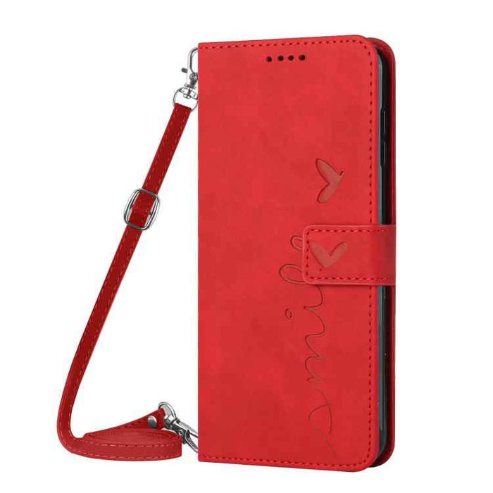 For iPhone 17 Skin Feel Heart Embossed Leather Phone Case with Long Lanyard(Red)