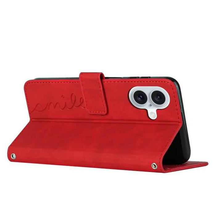 For iPhone 17 Skin Feel Heart Embossed Leather Phone Case with Long Lanyard(Red)
