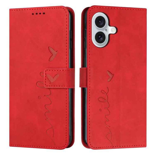 For iPhone 17 Skin Feel Heart Embossed Leather Phone Case with Long Lanyard(Red)