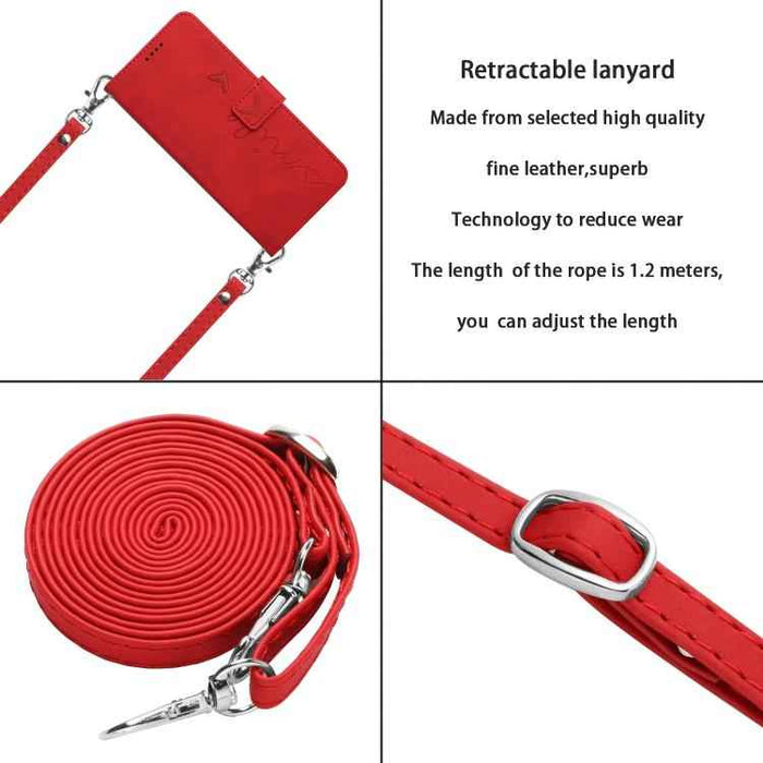 For iPhone 17 Skin Feel Heart Embossed Leather Phone Case with Long Lanyard(Red)