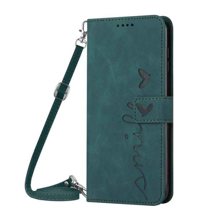 For iPhone 17 Air Skin Feel Heart Embossed Leather Phone Case with Long Lanyard(Green)