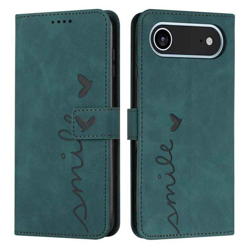 For iPhone 17 Air Skin Feel Heart Embossed Leather Phone Case with Long Lanyard(Green)