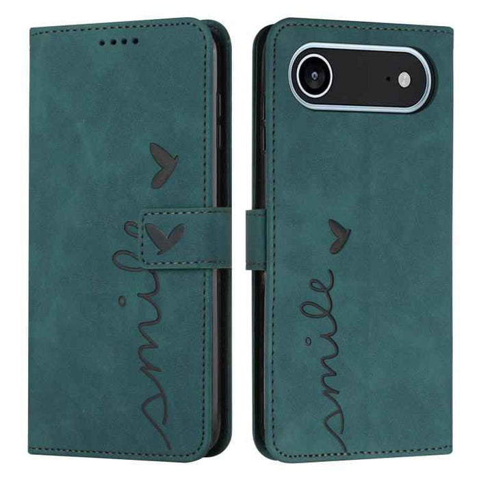 For iPhone 17 Air Skin Feel Heart Embossed Leather Phone Case with Long Lanyard(Green)