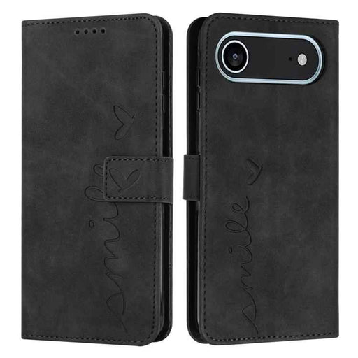 For iPhone 17 Air Skin Feel Heart Embossed Leather Phone Case with Long Lanyard(Black)