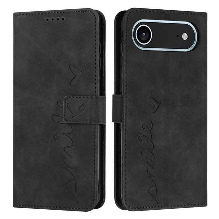 For iPhone 17 Air Skin Feel Heart Embossed Leather Phone Case with Long Lanyard(Black)