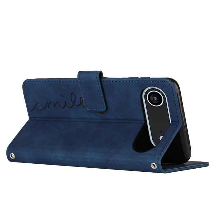 For iPhone 17 Air Skin Feel Heart Embossed Leather Phone Case with Long Lanyard(Blue)