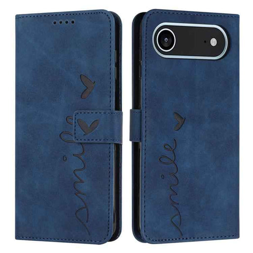 For iPhone 17 Air Skin Feel Heart Embossed Leather Phone Case with Long Lanyard(Blue)