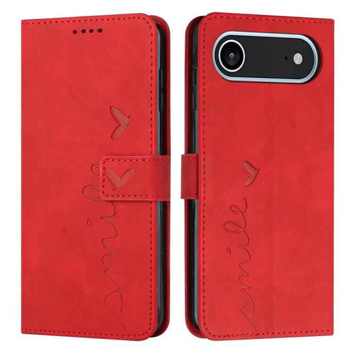 For iPhone 17 Air Skin Feel Heart Embossed Leather Phone Case with Long Lanyard(Red)