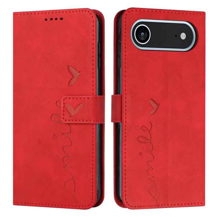 For iPhone 17 Air Skin Feel Heart Embossed Leather Phone Case with Long Lanyard(Red)
