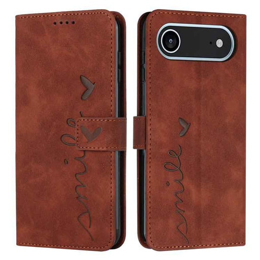 For iPhone 17 Air Skin Feel Heart Embossed Leather Phone Case with Long Lanyard(Brown)