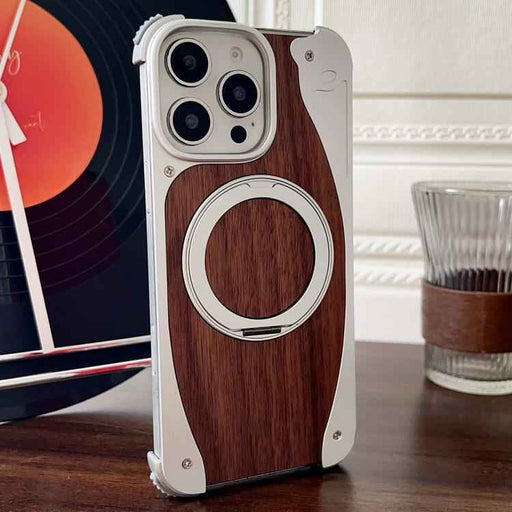 For iPhone 16 Pro Walnut Metal Frameless 360 Degree Rotation Holder MagSafe Phone Case(Silver)